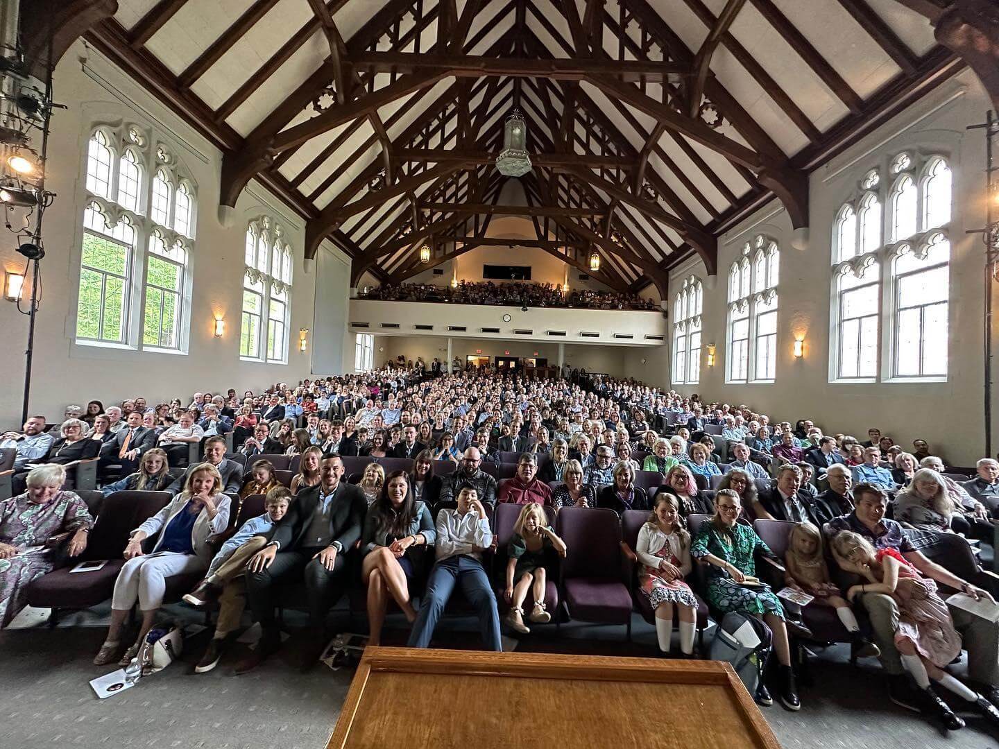 A view from the pulpit in a church looking out on the congregation